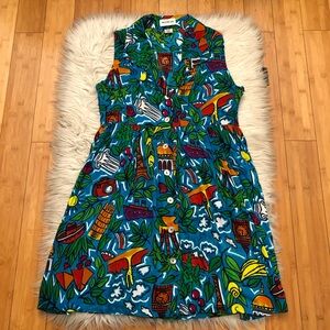 Vintage Marta Bay Landscape Tropical Vacation Colorful Button Down Mini Dress L